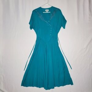 ED MICHAELS Teal Blue Embroidered V Neck Wrap Midi Dress Size 9 10